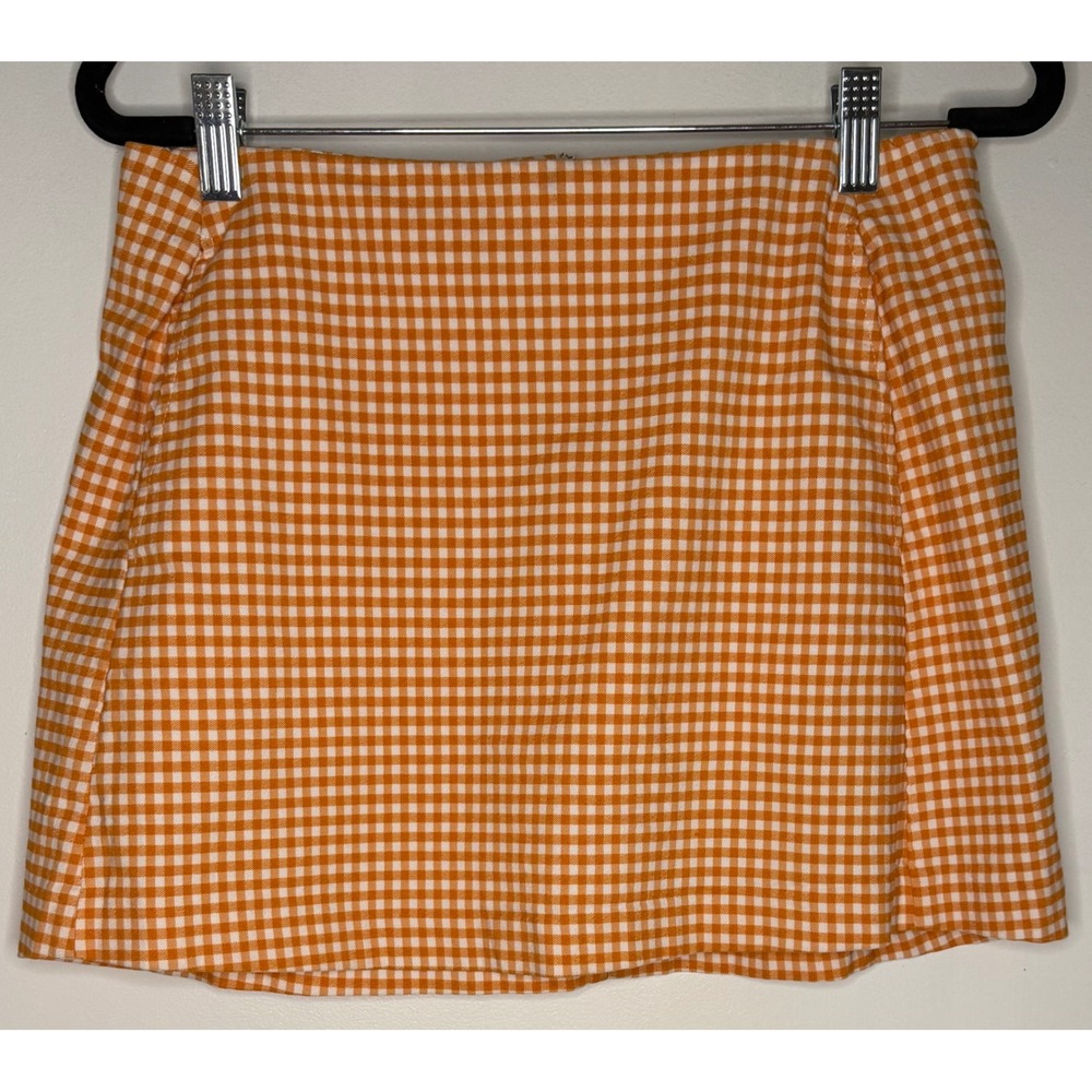 Urban Outfitters Orange Gingham Mini Skirt Women Small Checkered A-Line Zip Back
